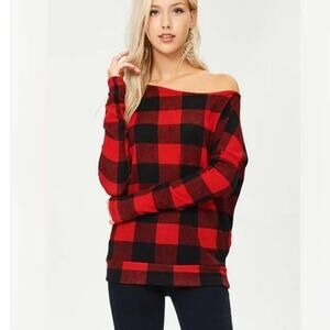 Red black buffalo plaid flannel top, ladies medium long sleeve on off shoulder